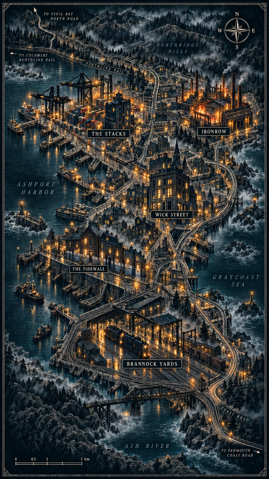 Illustrated Ashport map showing the industrial harbor and surrounding districts.