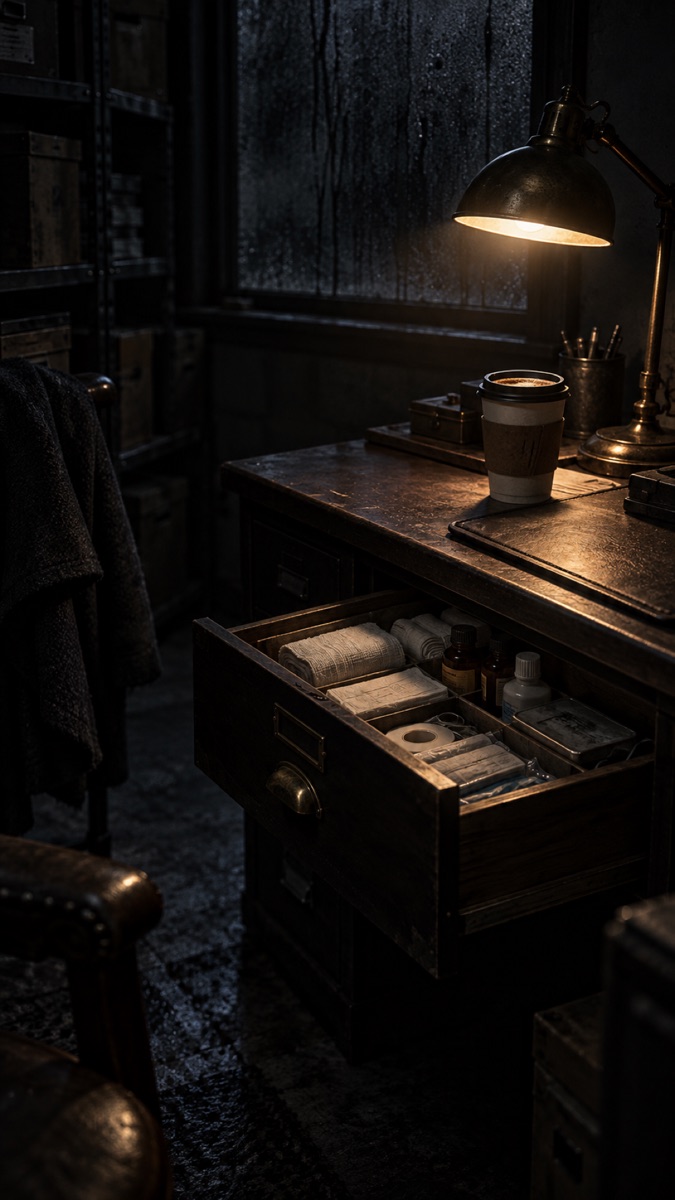 A wooden desk and open drawer under a single lamp.