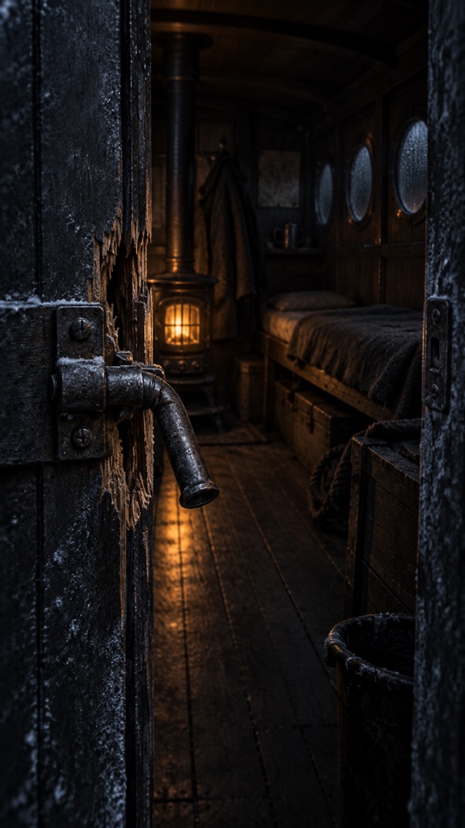 An open cabin door with frost on its frame and a glowing stove inside.
