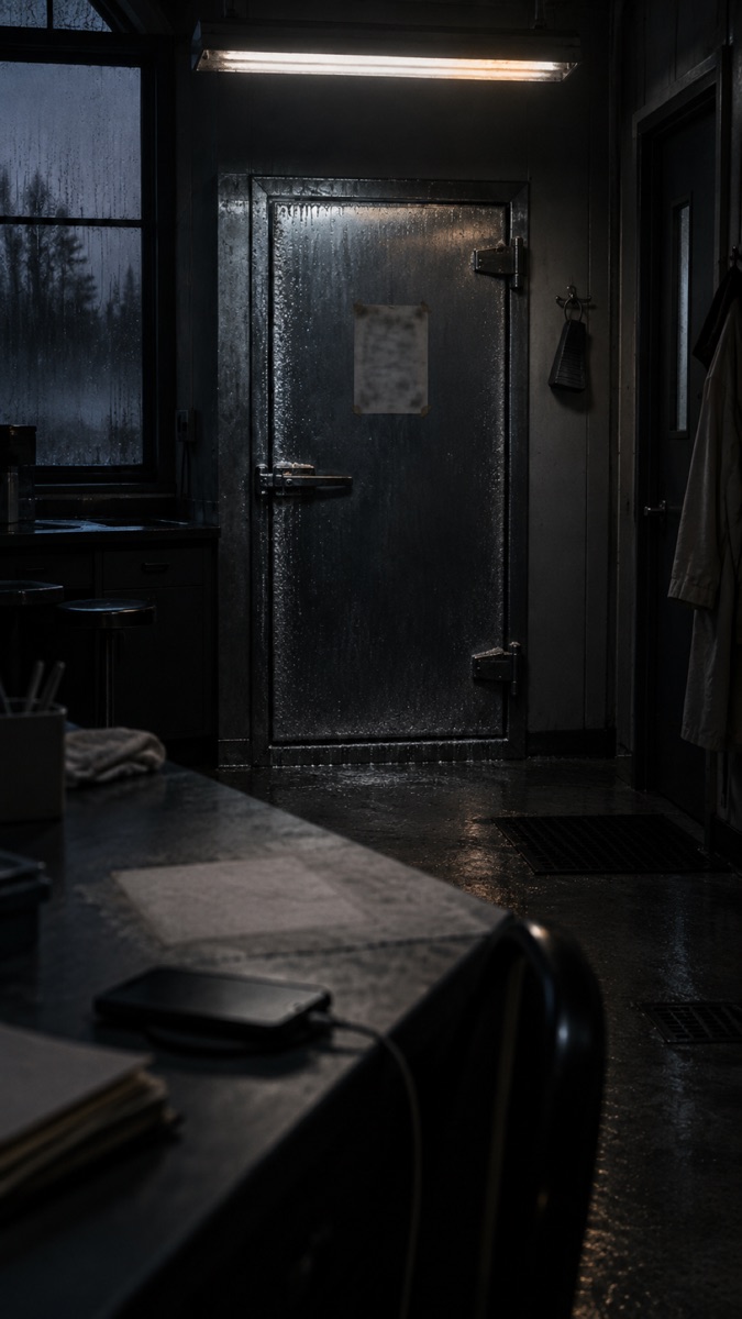 A metal door and a laboratory bench under a fluorescent light.
