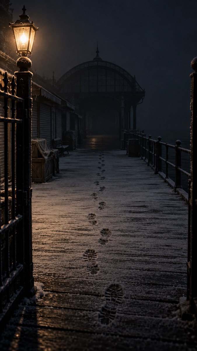 Footprints on a frost-covered pier beneath a single lamp.