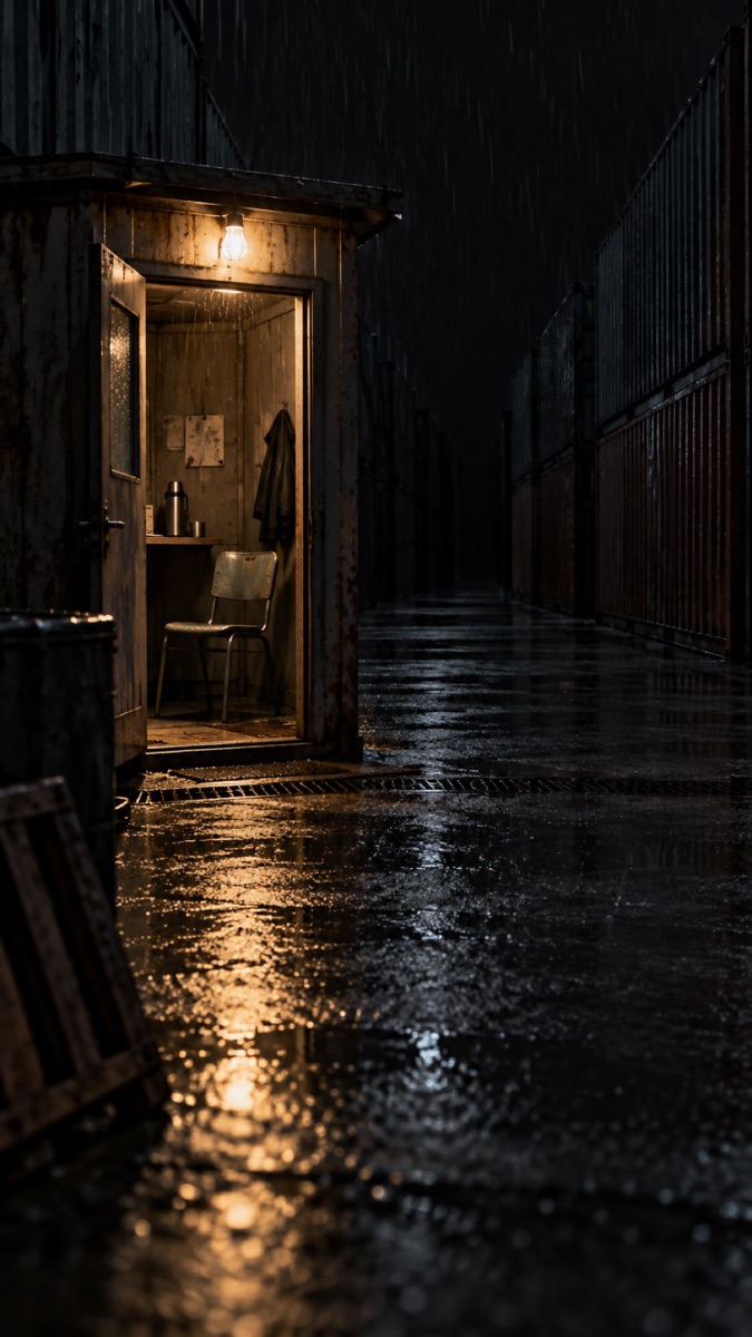 An empty gate booth beside shipping containers in the rain.