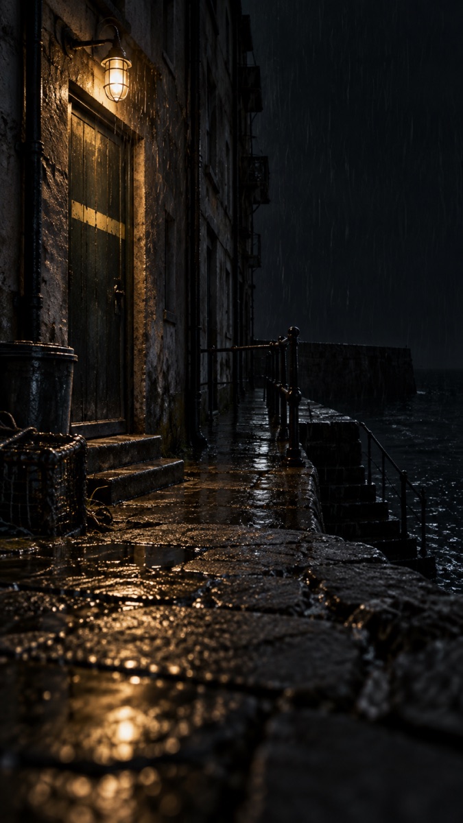 A rain-soaked walkway beside a seawall under a single lamp.