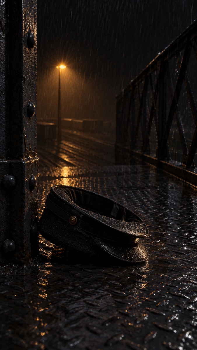 A dark cap on a wet metal platform beside railway tracks.
