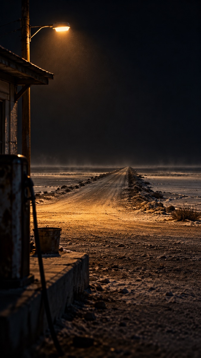 A deserted road across the Palewater salt flats beneath an amber streetlight.