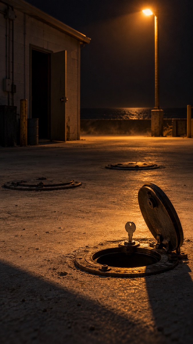 An open round metal hatch in concrete beneath an amber lamp.