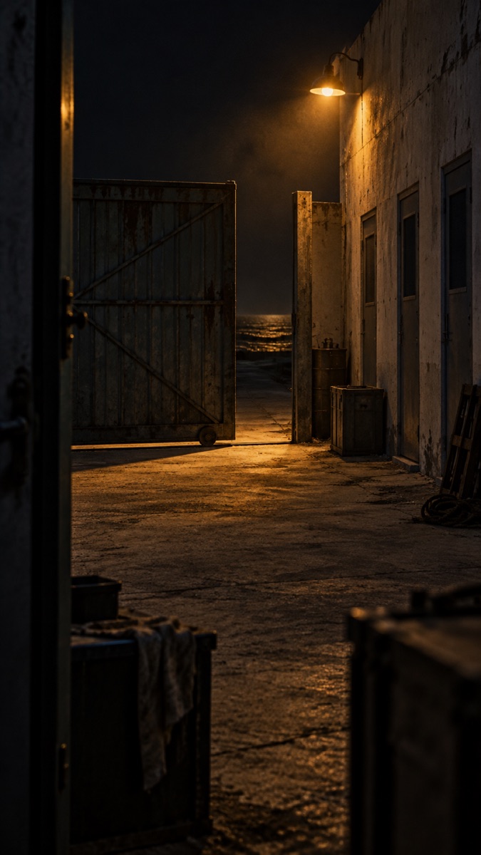 An open dockside gate and an empty yard under a wall lamp.