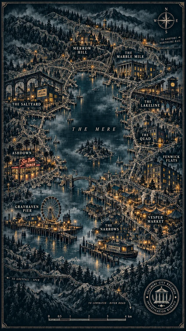 An illustrated map of Coldmere, its lake, old estates and misty waterfront.