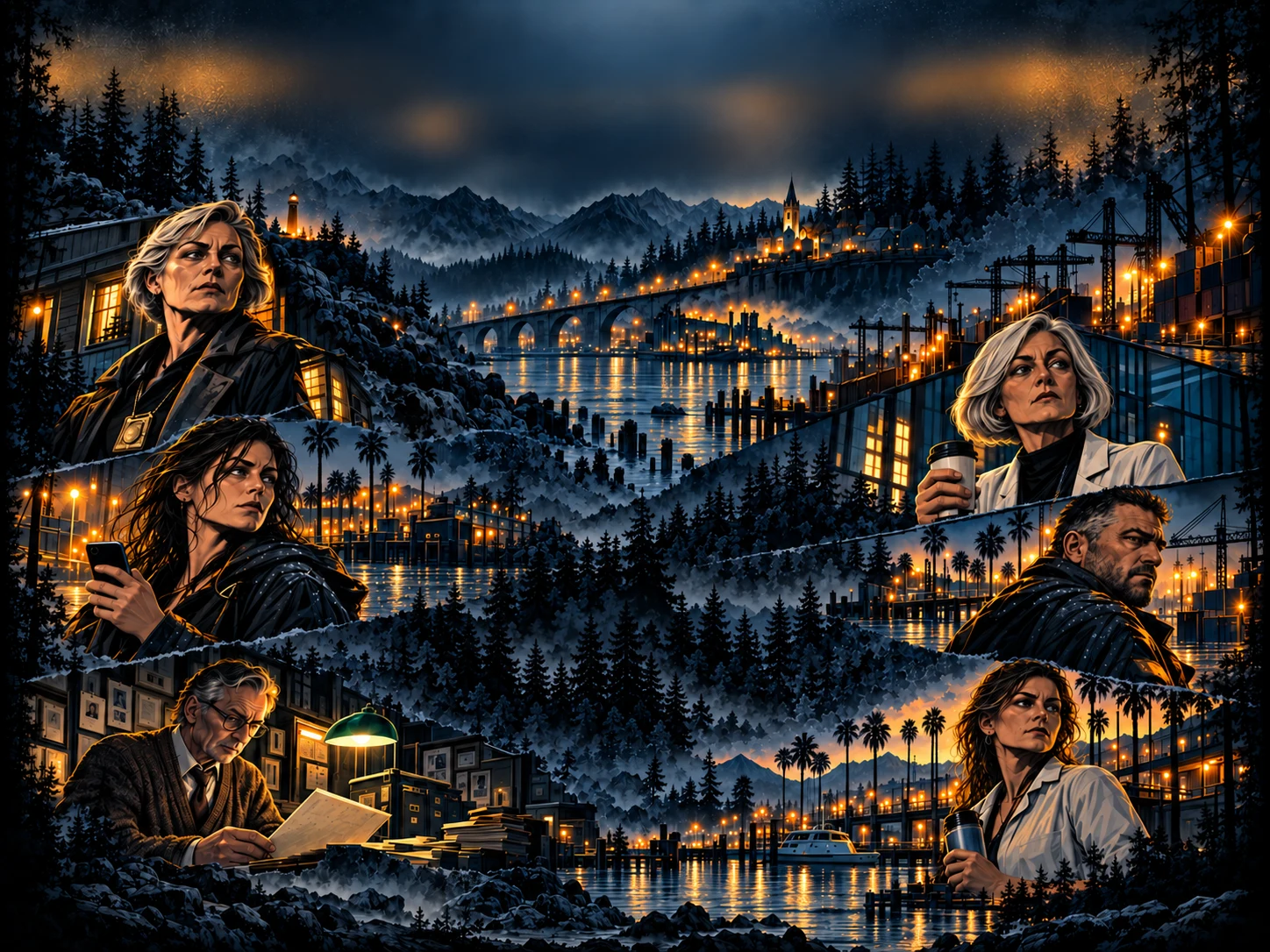 Somatry: Cold Case Mystery. Investigators, misty mountains and city waterfronts lit in amber.
